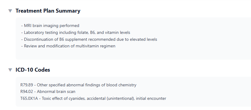 Scryber treatment summary with suggested ICD-10 codes for a neurology visit