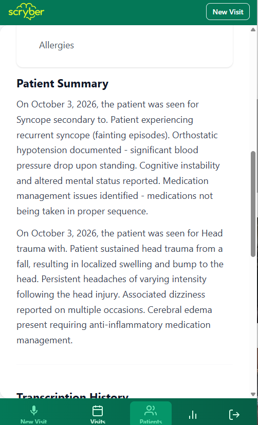 Scryber patient summary screen organizing clinical details from a neurology visit