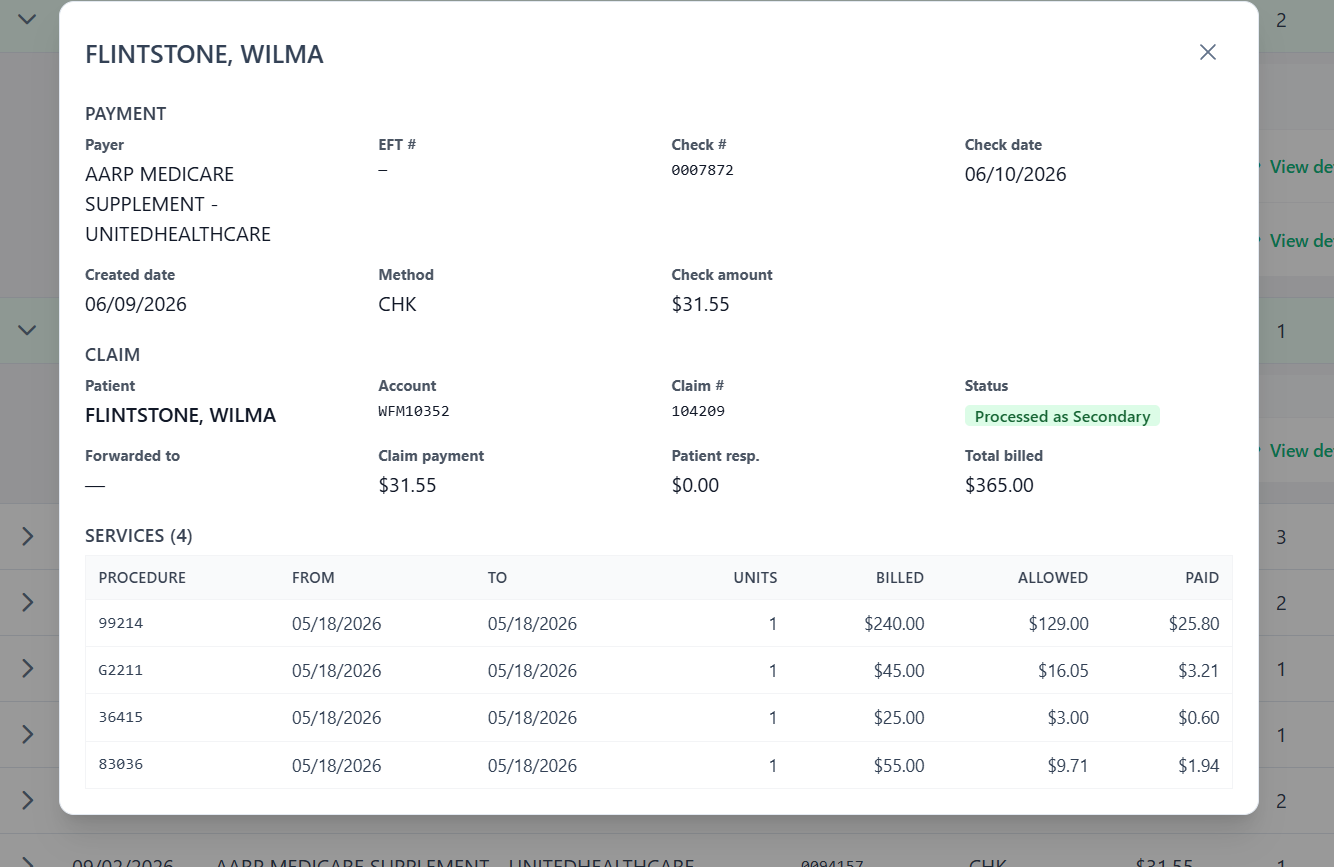 Scryber patient payment details showing payer remittance information