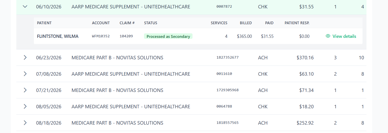 Scryber reconciliation view comparing billed, allowed, and paid amounts